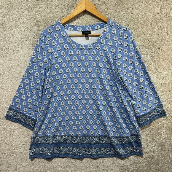 J. Jill Wearever Collection Tunic Blouse Women's Small Blue Floral 3/4 Sleeve‎ - Picture 1 of 12
